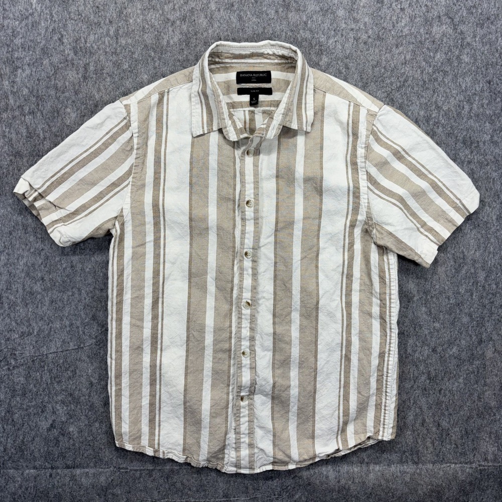 Banana Republic Button Up Shirt Men's Small Slim Fit White Tan Linen Blend